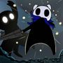The Knight from Hollow Knight lunging towards the viewer, in the background lots of sparkles and the Shade of the Knight.
